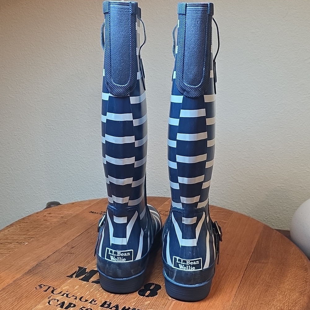 L.L. Bean Navy and White Nautical Striped Rain Boots Wellies Size 8 - Picture 5 of 11